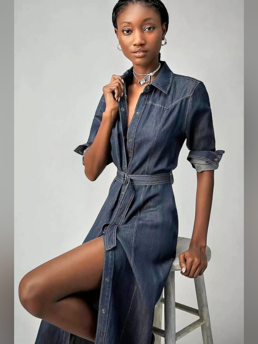 Bella Dahl Denim Midi Shirt Dress in Dark Wash Blue Size XS